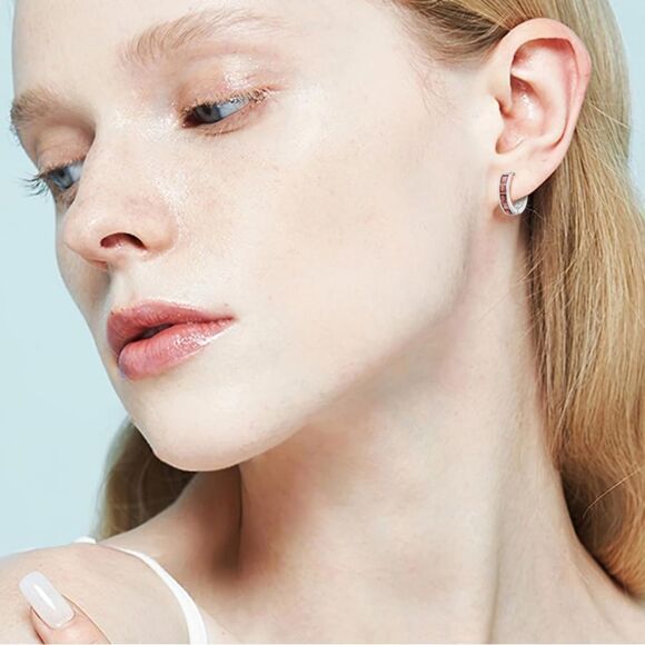 14K White Gold with Red Garnet Cubic Zirconia Princess Cut Huggie Earrings - Picture 5 of 5